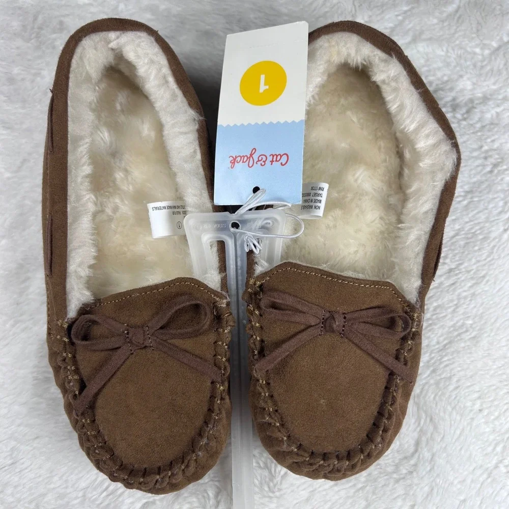 Cat and Jack Kids Brown Moccasin Slippers‎ Fuzzy Lined Bow Size 1 NWT